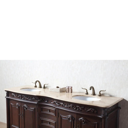 Stufurhome Cassandra 72" Dark Cherry Freestanding Bathroom Vanity with Oval Double Sinks, Travertine Marble Countertop, 3 Drawers, 4 Doors and Widespread Faucet Holes