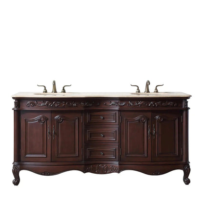 Stufurhome Cassandra 72" Dark Cherry Freestanding Bathroom Vanity with Oval Double Sinks, Travertine Marble Countertop, 3 Drawers, 4 Doors and Widespread Faucet Holes