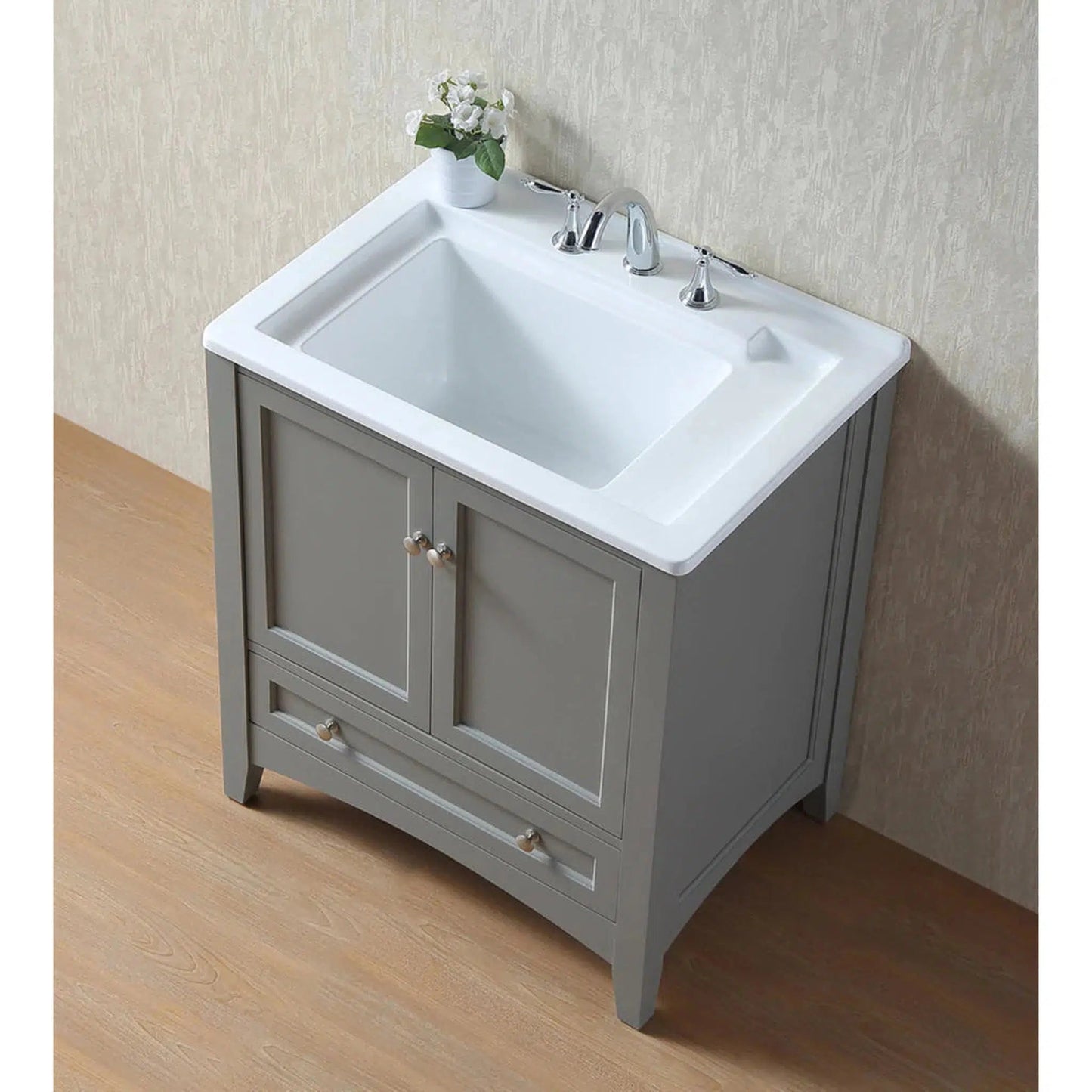 Stufurhome Delia 30" Grey Freestanding Laundry Utility Acrylic Sink With 1 Drawer, 2 Doors and Widespread Faucet Holes