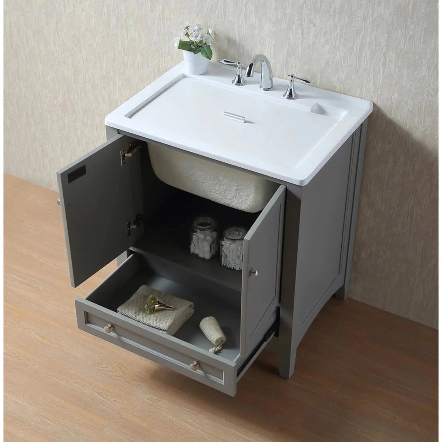 Stufurhome Delia 30" Grey Freestanding Laundry Utility Acrylic Sink With 1 Drawer, 2 Doors and Widespread Faucet Holes