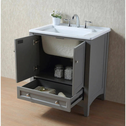 Stufurhome Delia 30" Grey Freestanding Laundry Utility Acrylic Sink With 1 Drawer, 2 Doors and Widespread Faucet Holes