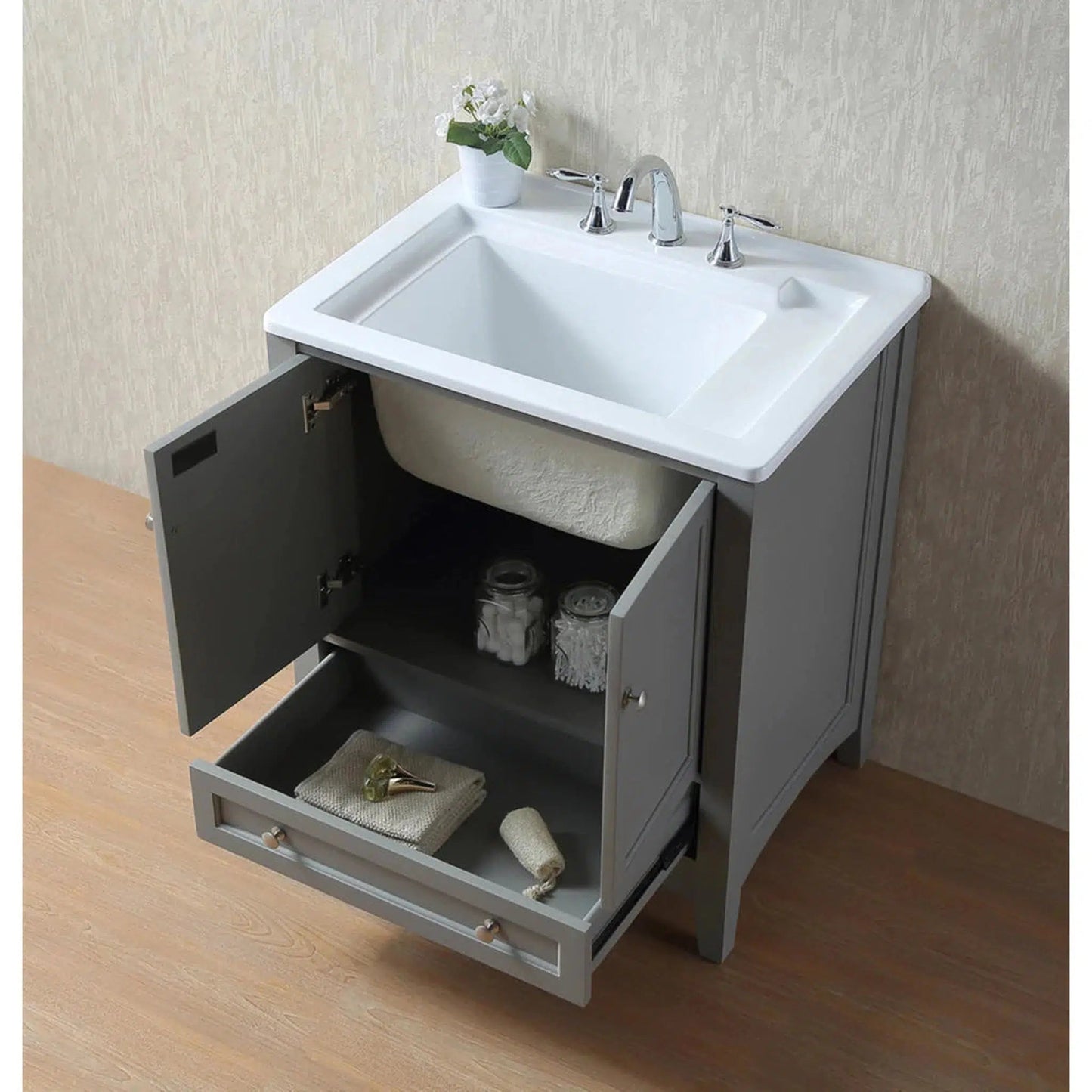 Stufurhome Delia 30" Grey Freestanding Laundry Utility Acrylic Sink With 1 Drawer, 2 Doors and Widespread Faucet Holes