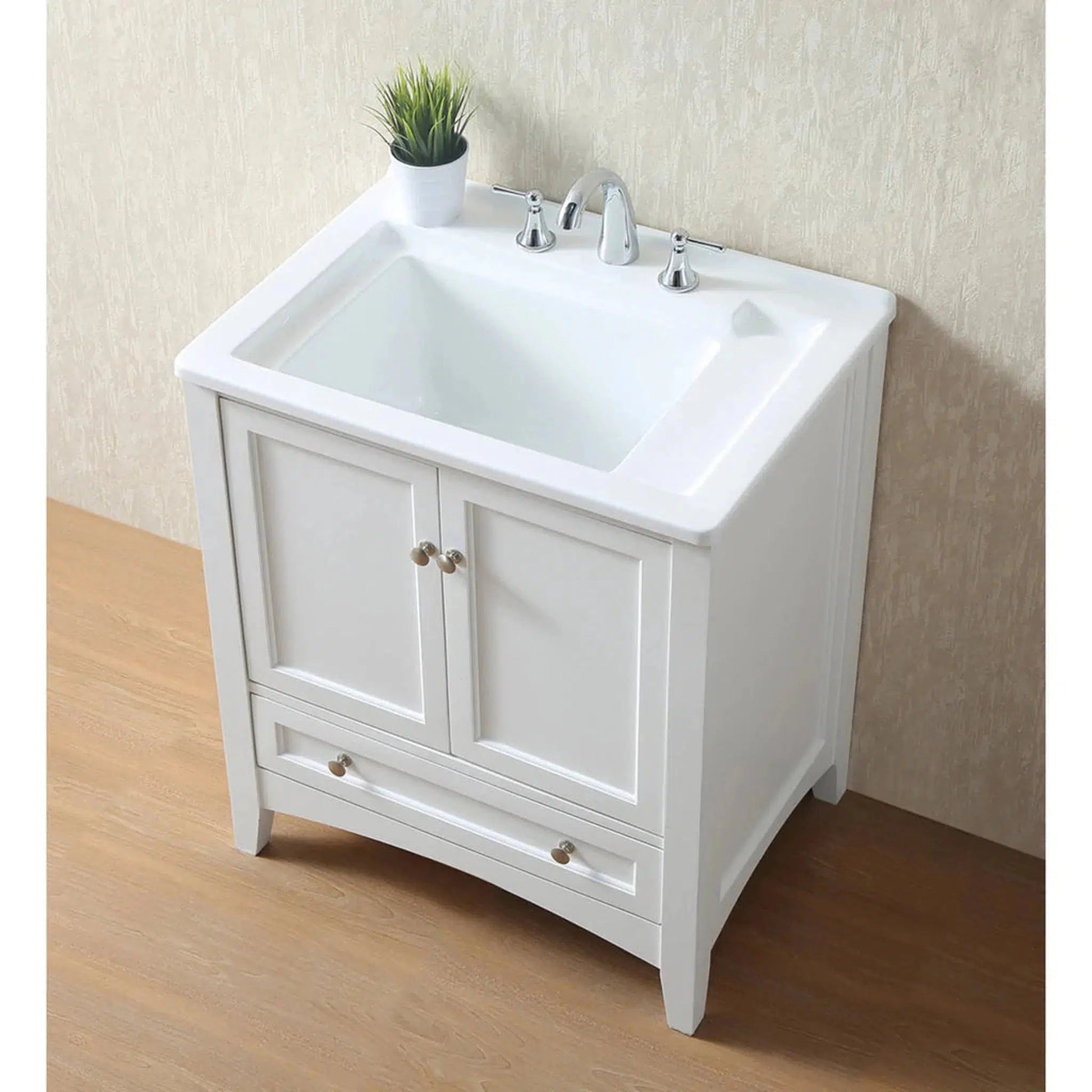 Stufurhome Delia 30" White Freestanding Laundry Utility Acrylic Sink With 1 Drawer, 2 Doors and Widespread Faucet Holes