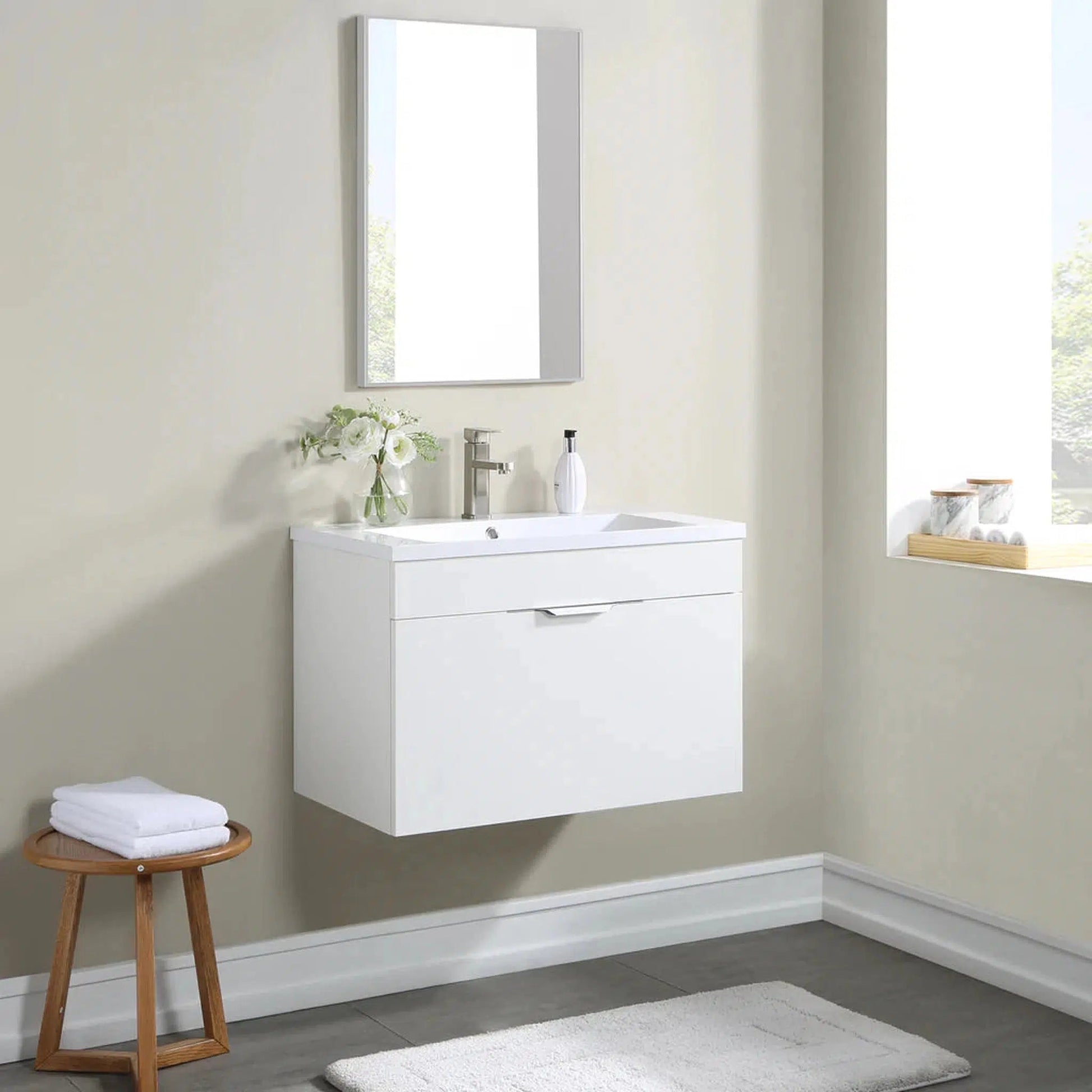 Stufurhome Delilah 30" Gloss White Wall-Mounted Bathroom Vanity With Single Rectangular Resin Sink, One Deep Drawer and One Pre-Drilled Faucet Hole