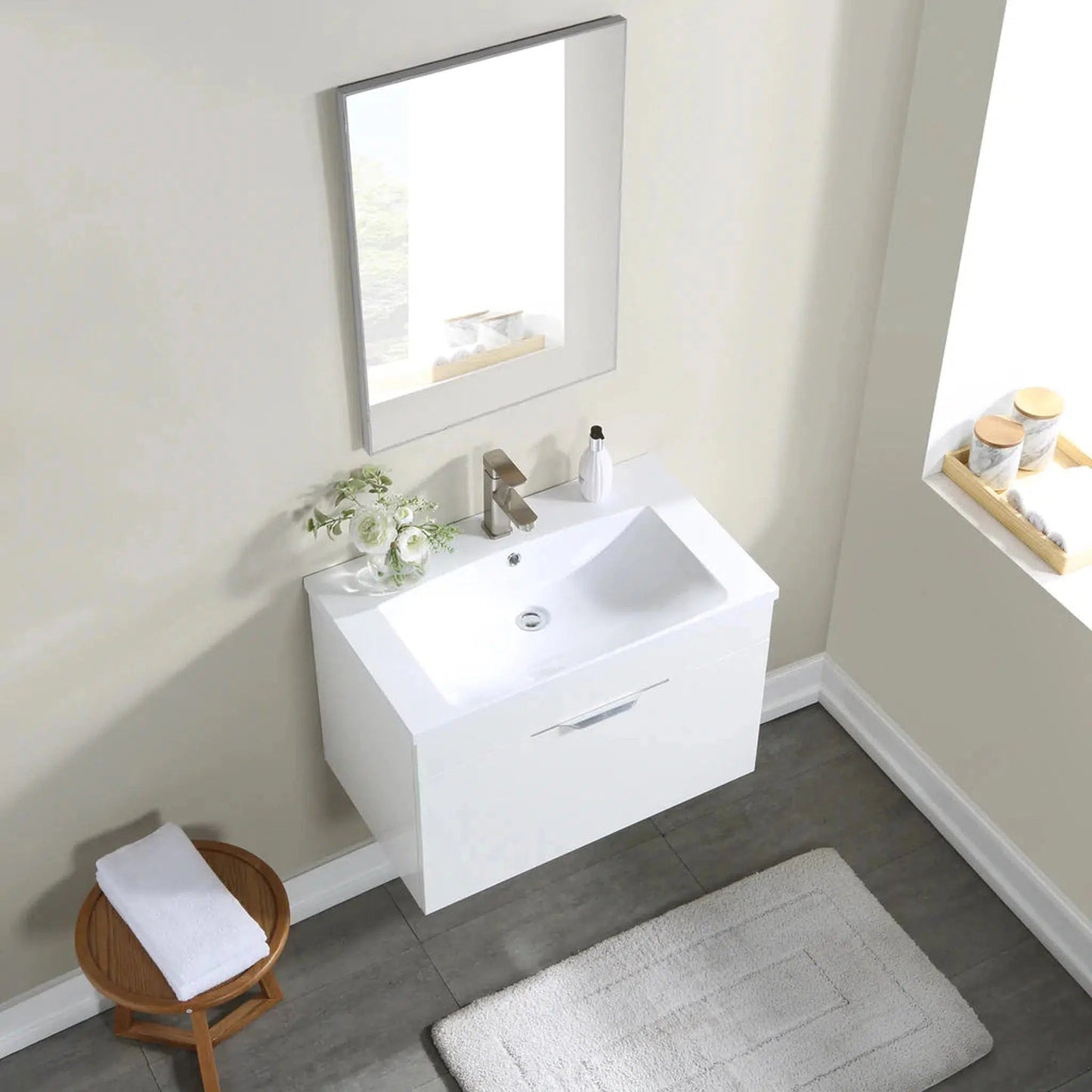 Stufurhome Delilah 30" Gloss White Wall-Mounted Bathroom Vanity With Single Rectangular Resin Sink, One Deep Drawer and One Pre-Drilled Faucet Hole