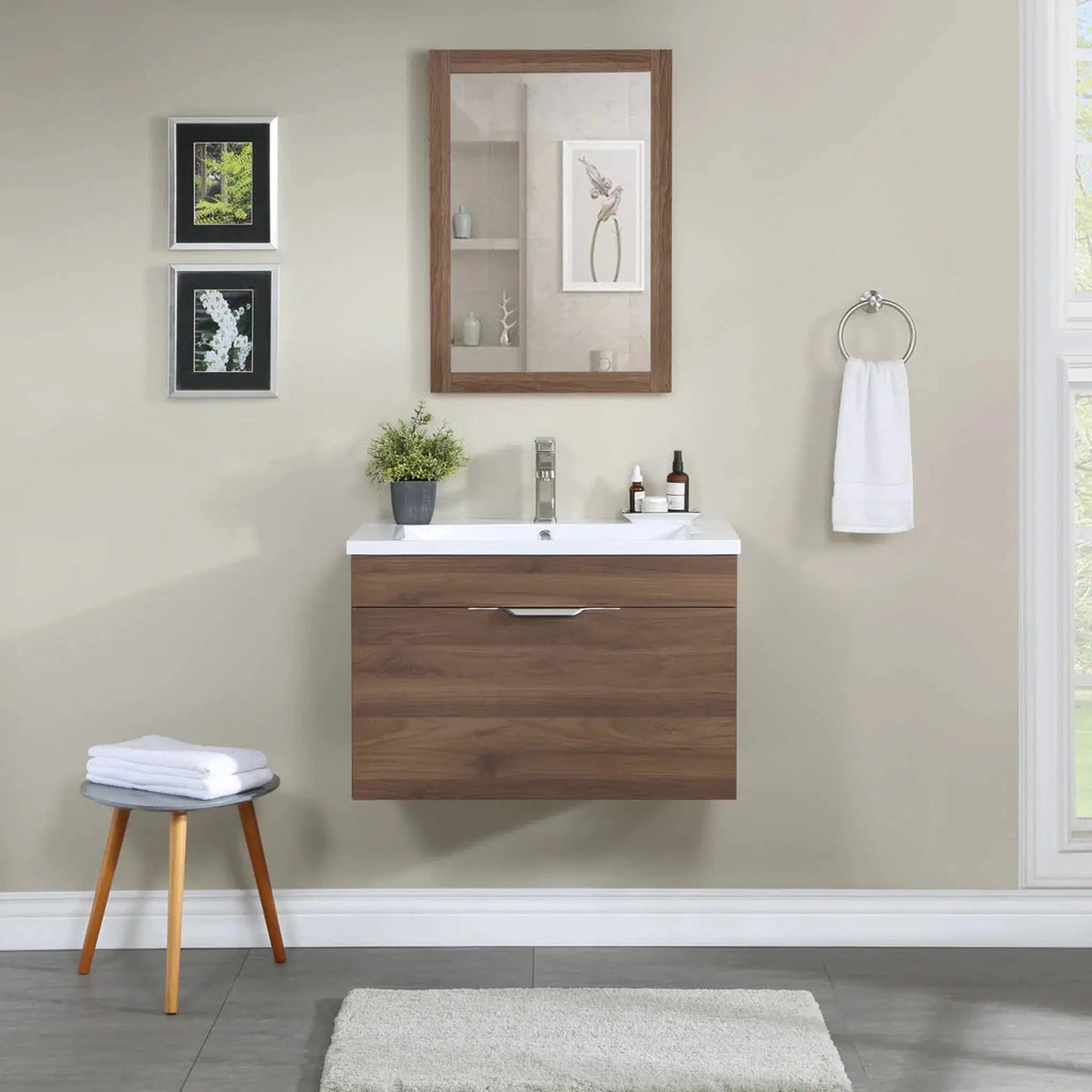 Stufurhome Delilah 30" Walnut Wall-Mounted Bathroom Vanity With Single Rectangular Resin Sink, One Deep Drawer and One Pre-Drilled Faucet Hole