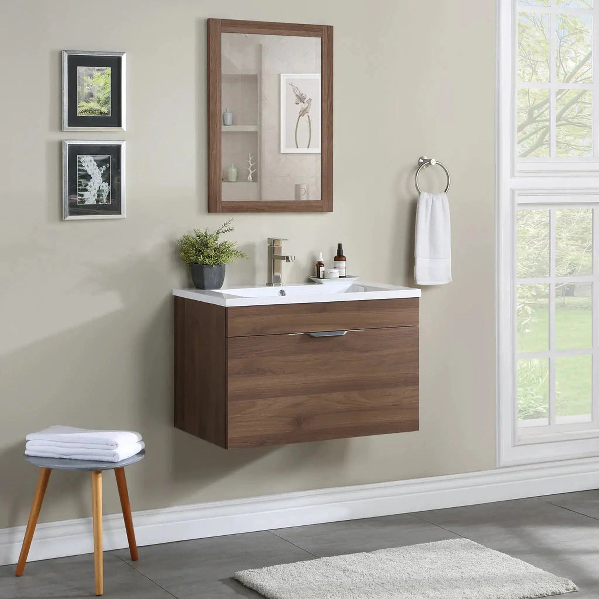 Stufurhome Delilah 30" Walnut Wall-Mounted Bathroom Vanity With Single Rectangular Resin Sink, One Deep Drawer and One Pre-Drilled Faucet Hole