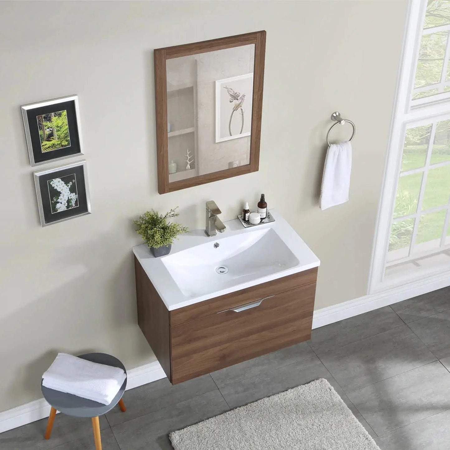 Stufurhome Delilah 30" Walnut Wall-Mounted Bathroom Vanity With Single Rectangular Resin Sink, One Deep Drawer and One Pre-Drilled Faucet Hole