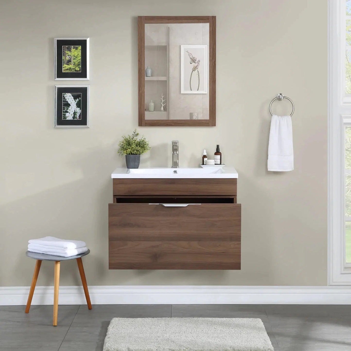 Stufurhome Delilah 30" Walnut Wall-Mounted Bathroom Vanity With Single Rectangular Resin Sink, One Deep Drawer and One Pre-Drilled Faucet Hole