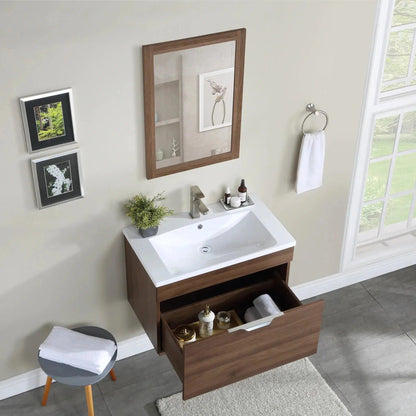 Stufurhome Delilah 30" Walnut Wall-Mounted Bathroom Vanity With Single Rectangular Resin Sink, One Deep Drawer and One Pre-Drilled Faucet Hole