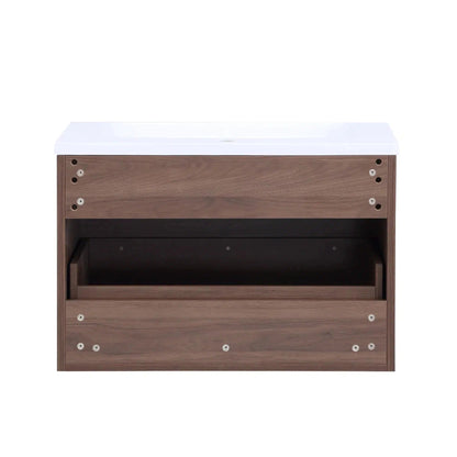 Stufurhome Delilah 30" Walnut Wall-Mounted Bathroom Vanity With Single Rectangular Resin Sink, One Deep Drawer and One Pre-Drilled Faucet Hole