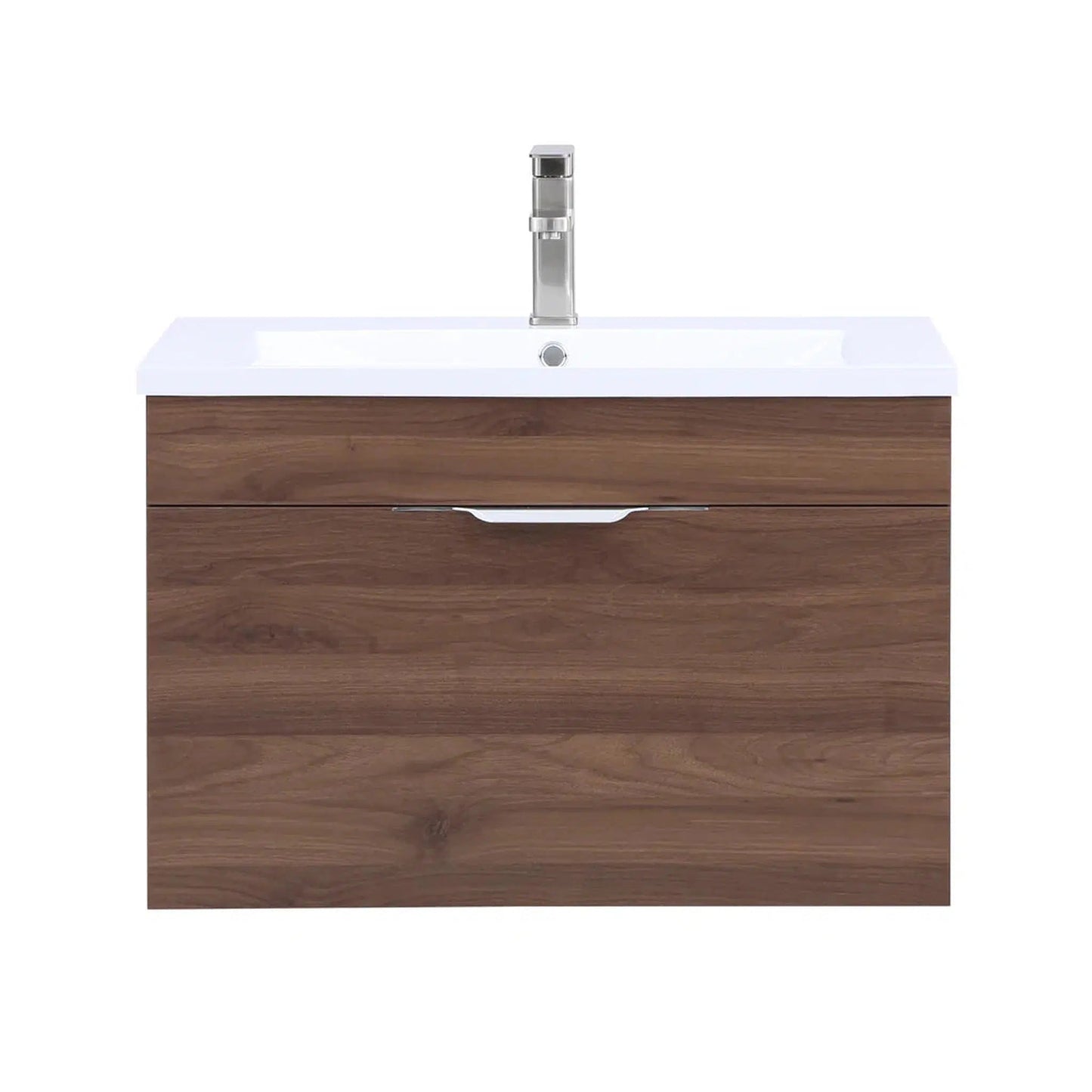 Stufurhome Delilah 30" Walnut Wall-Mounted Bathroom Vanity With Single Rectangular Resin Sink, One Deep Drawer and One Pre-Drilled Faucet Hole