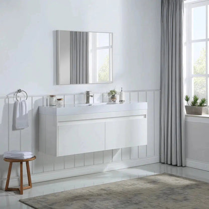 Stufurhome Eternal 59" Gloss White Wall Mounted Bathroom Vanity With Rectangular Single Resin Sink, 2 Slow Close Drawers and One Pre-Drilled Faucet Hole