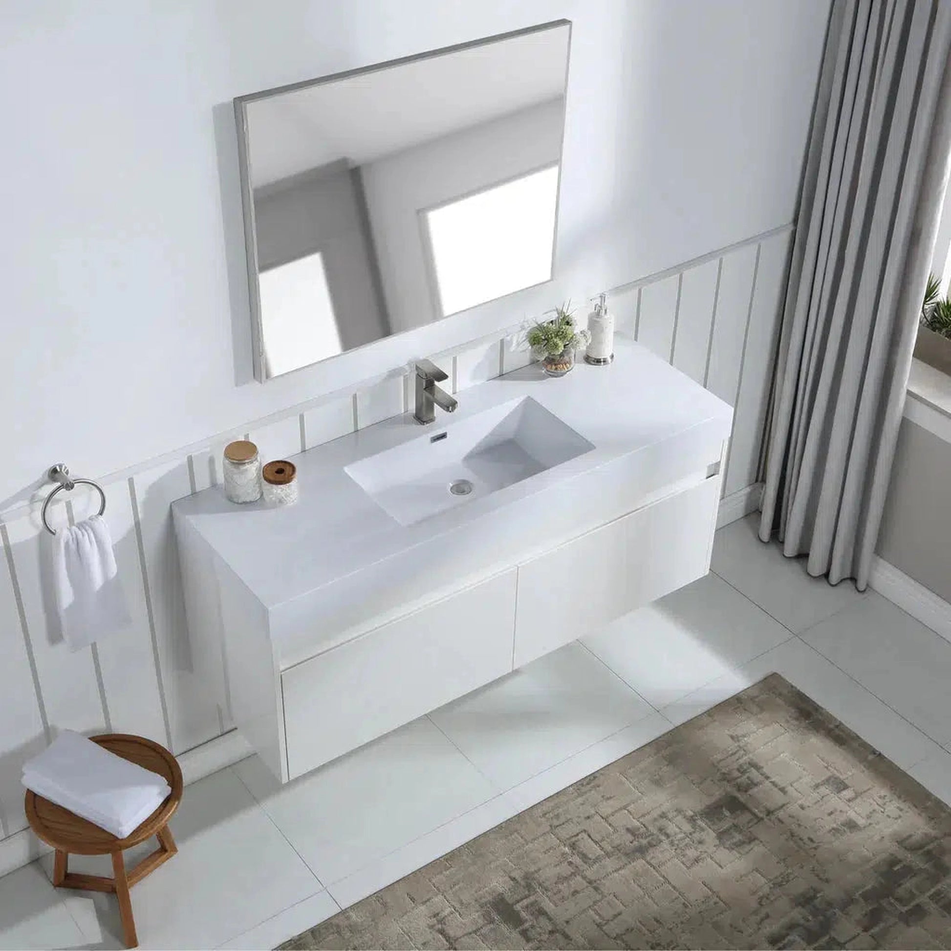 Stufurhome Eternal 59" Gloss White Wall Mounted Bathroom Vanity With Rectangular Single Resin Sink, 2 Slow Close Drawers and One Pre-Drilled Faucet Hole