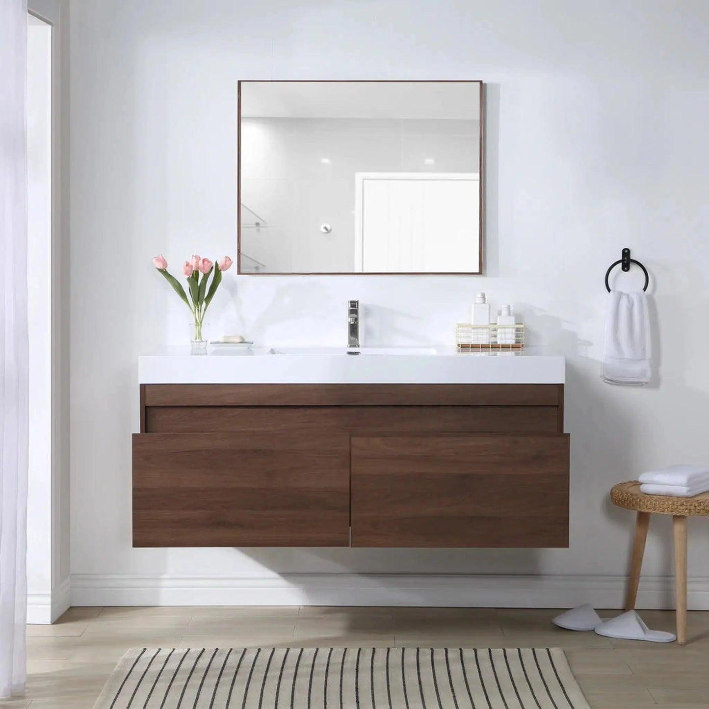 Stufurhome Eternal 59" Walnut Wall Mounted Bathroom Vanity With Rectangular Single Resin Sink, 2 Slow Close Drawers and One Pre-Drilled Faucet Hole