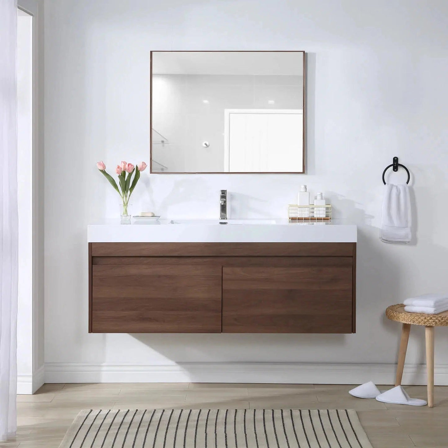 Stufurhome Eternal 59" Walnut Wall Mounted Bathroom Vanity With Rectangular Single Resin Sink, 2 Slow Close Drawers and One Pre-Drilled Faucet Hole