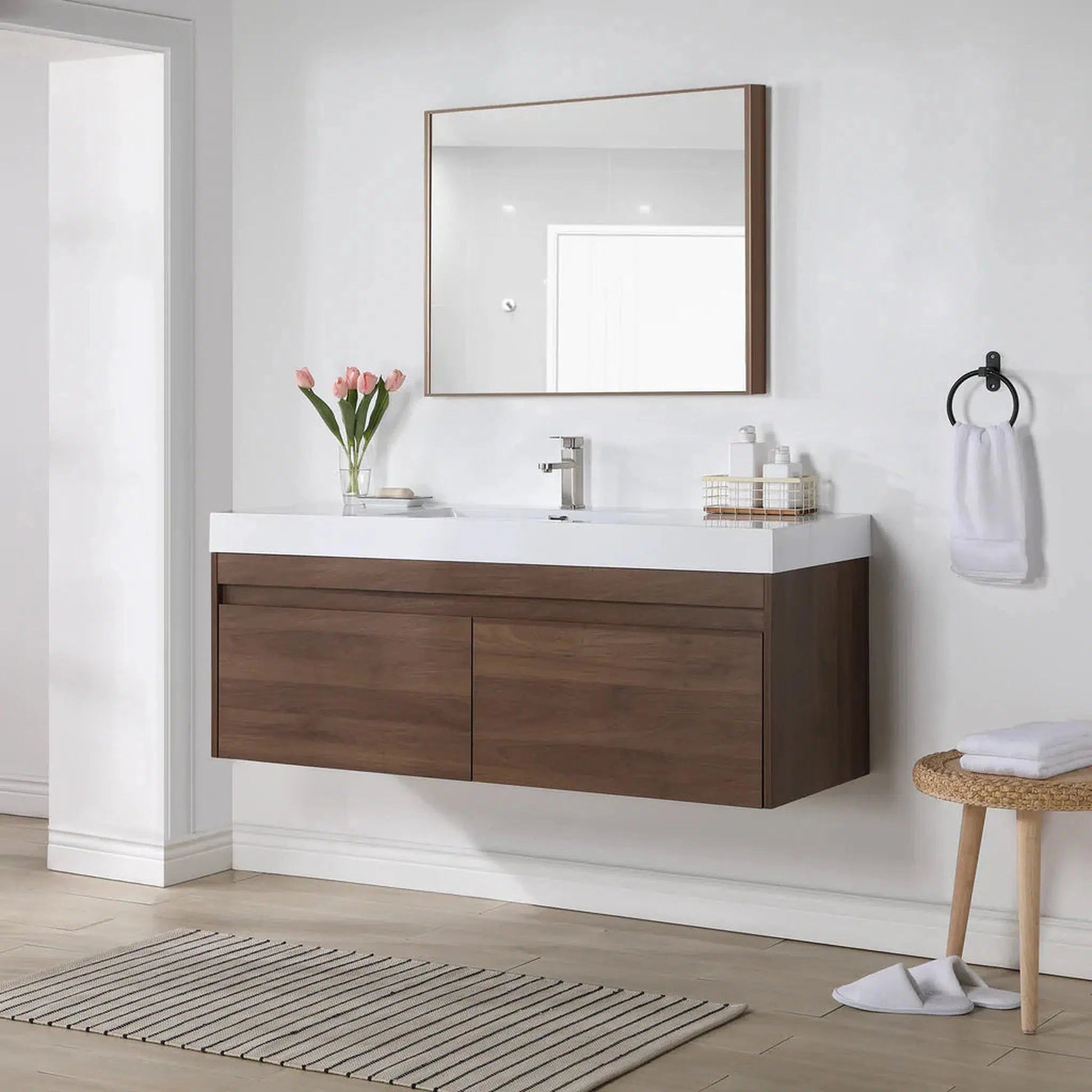 Stufurhome Eternal 59" Walnut Wall Mounted Bathroom Vanity With Rectangular Single Resin Sink, 2 Slow Close Drawers and One Pre-Drilled Faucet Hole