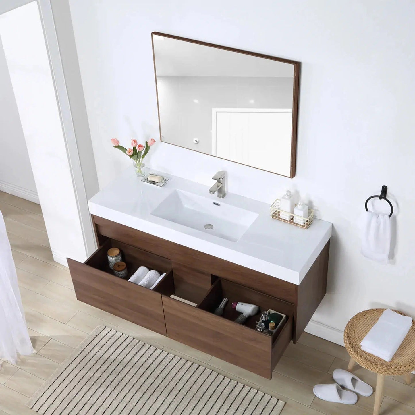 Stufurhome Eternal 59" Walnut Wall Mounted Bathroom Vanity With Rectangular Single Resin Sink, 2 Slow Close Drawers and One Pre-Drilled Faucet Hole