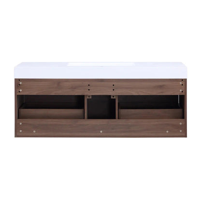 Stufurhome Eternal 59" Walnut Wall Mounted Bathroom Vanity With Rectangular Single Resin Sink, 2 Slow Close Drawers and One Pre-Drilled Faucet Hole