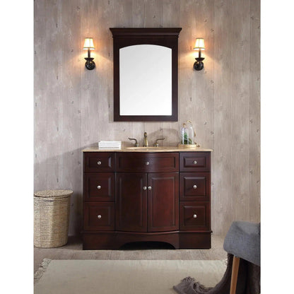 Stufurhome Grant 48" Dark Cherry 7-Drawer 2-Door Freestanding Bathroom Vanity With Mirror, Single Oval Sink, Travertine Marble Top and Widespread Faucet Holes