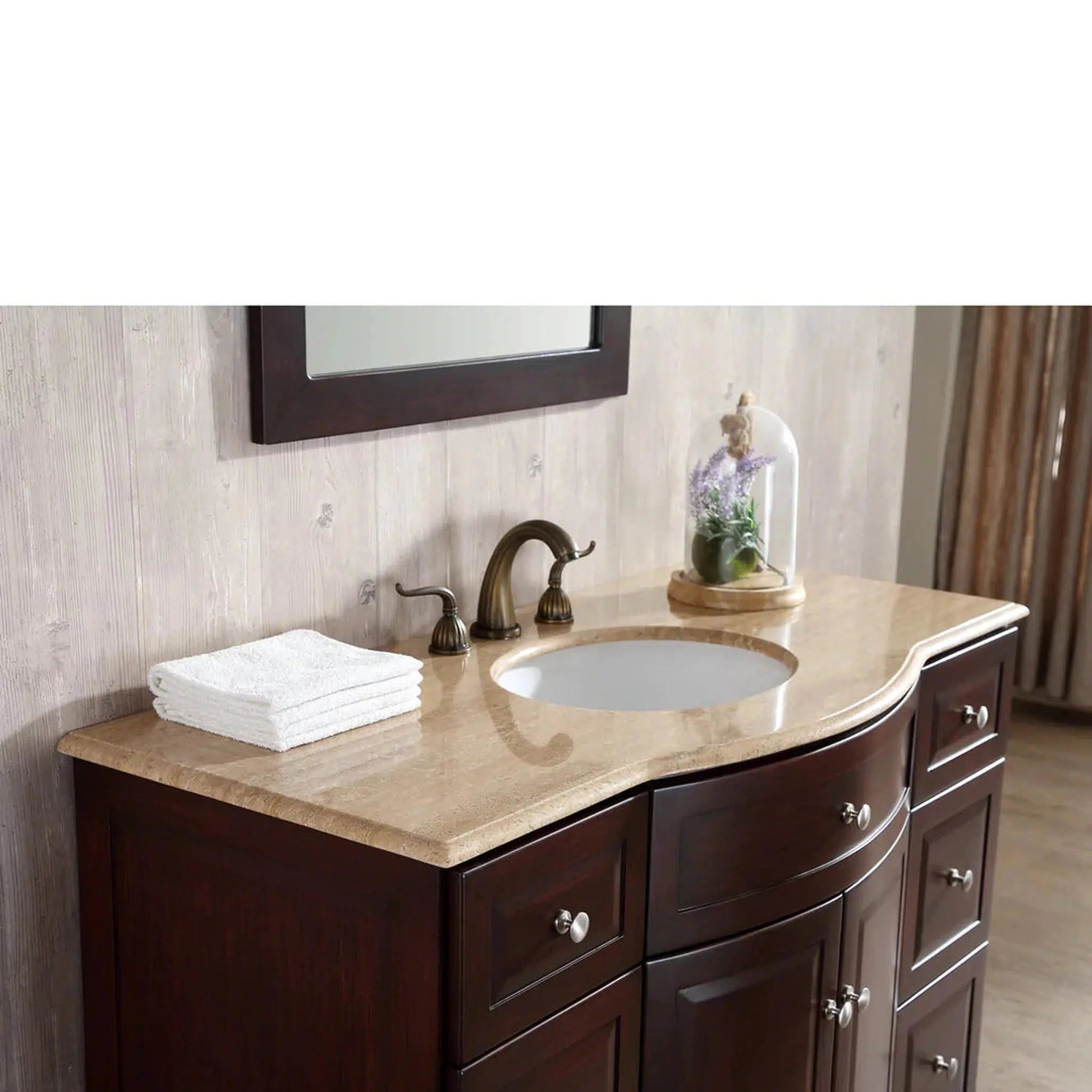 Stufurhome Grant 48" Dark Cherry 7-Drawer 2-Door Freestanding Bathroom Vanity With Mirror, Single Oval Sink, Travertine Marble Top and Widespread Faucet Holes