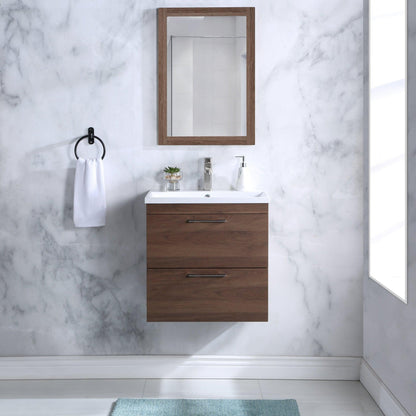 Stufurhome Harper 24" Walnut Wall-Mounted Bathroom Vanity With Resin Single Sink, Two Slow-Close Drawers and Single Faucet Hole