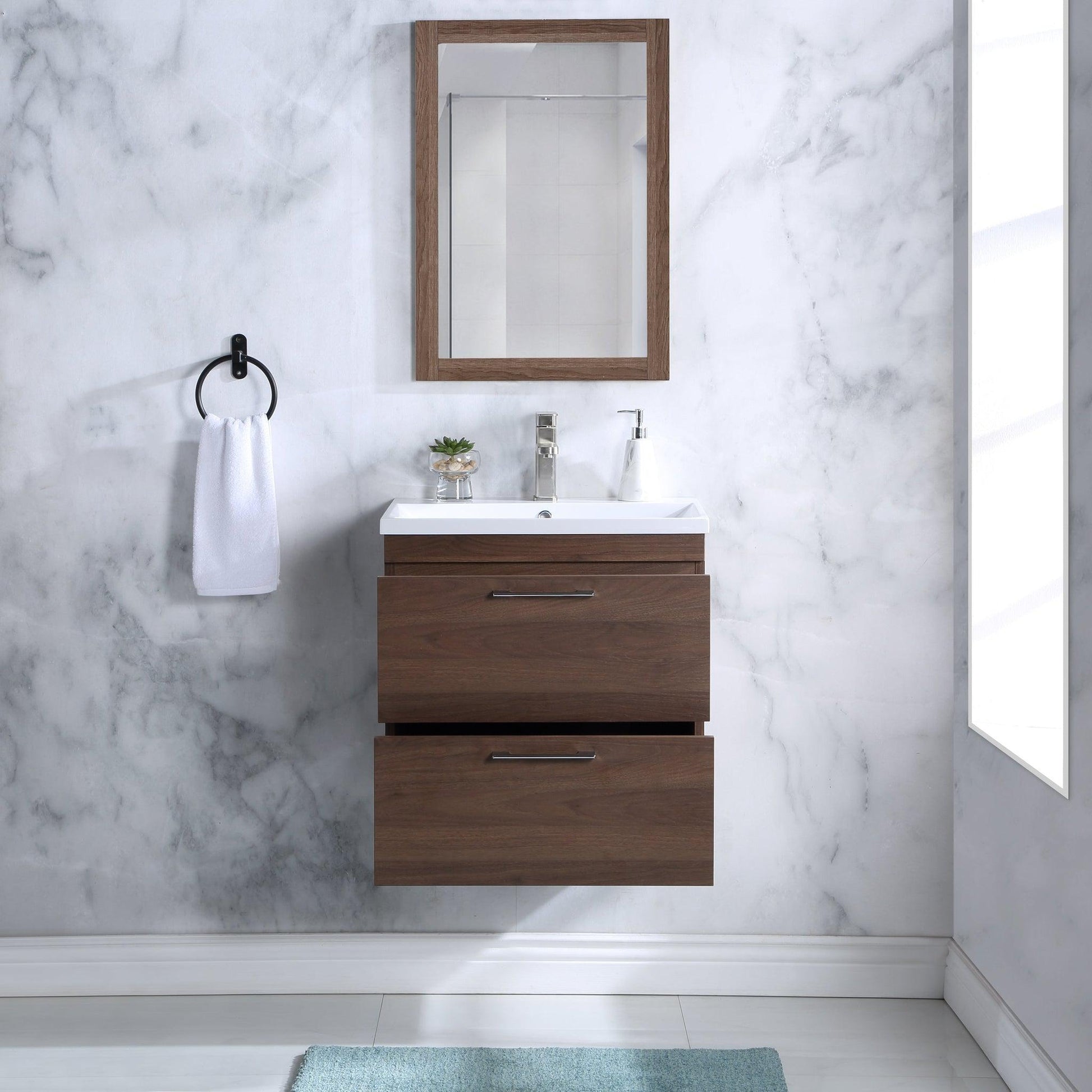 Stufurhome Harper 24" Walnut Wall-Mounted Bathroom Vanity With Resin Single Sink, Two Slow-Close Drawers and Single Faucet Hole