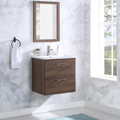 Stufurhome Harper 24" Walnut Wall-Mounted Bathroom Vanity With Resin Single Sink, Two Slow-Close Drawers and Single Faucet Hole