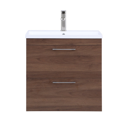 Stufurhome Harper 24" Walnut Wall-Mounted Bathroom Vanity With Resin Single Sink, Two Slow-Close Drawers and Single Faucet Hole