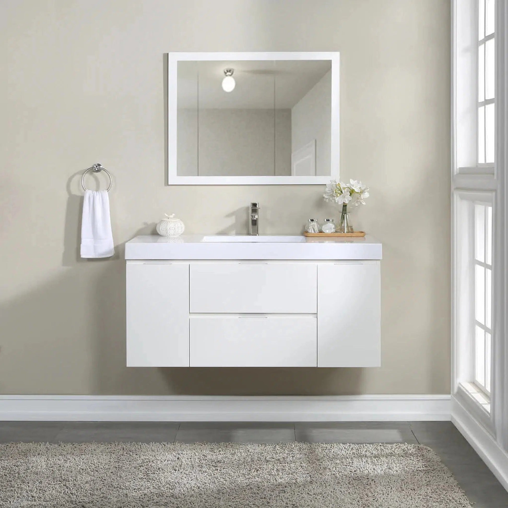 Stufurhome Helena 49" Gloss White Wall Mounted Single Sink Bathroom Vanity with 2 Drawers, 2 Doors and One Pre-drilled Faucet hole