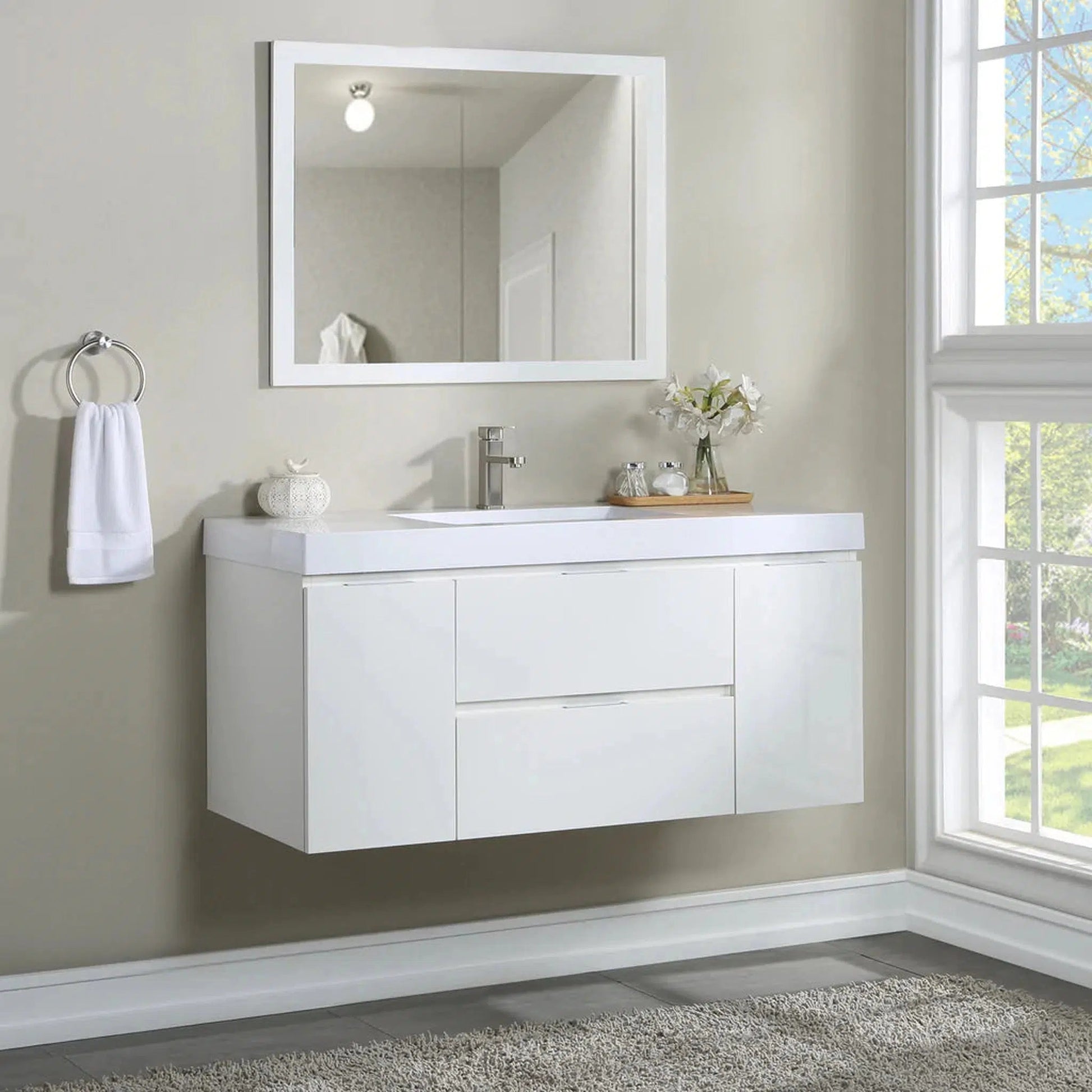 Stufurhome Helena 49" Gloss White Wall Mounted Single Sink Bathroom Vanity with 2 Drawers, 2 Doors and One Pre-drilled Faucet hole