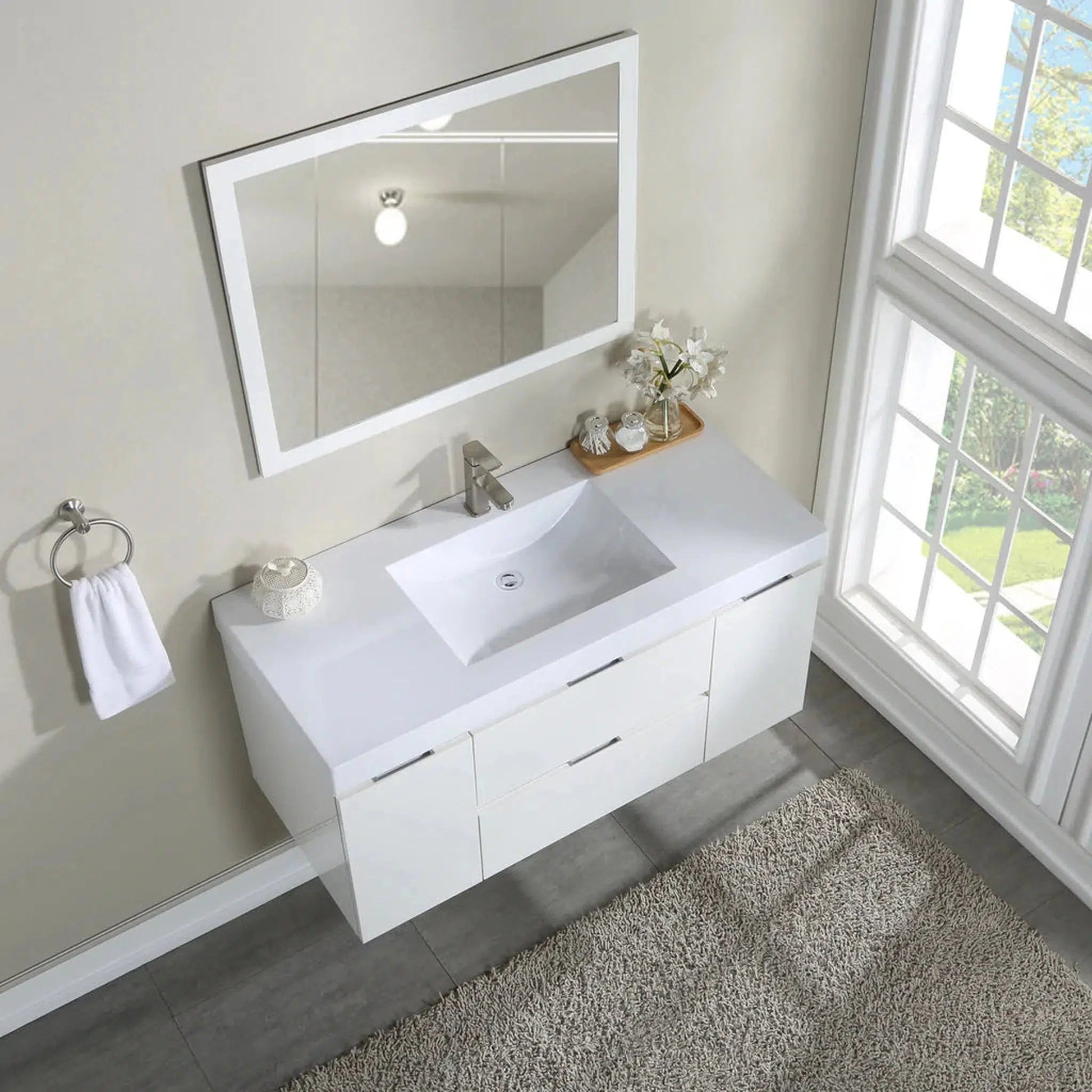 Stufurhome Helena 49" Gloss White Wall Mounted Single Sink Bathroom Vanity with 2 Drawers, 2 Doors and One Pre-drilled Faucet hole