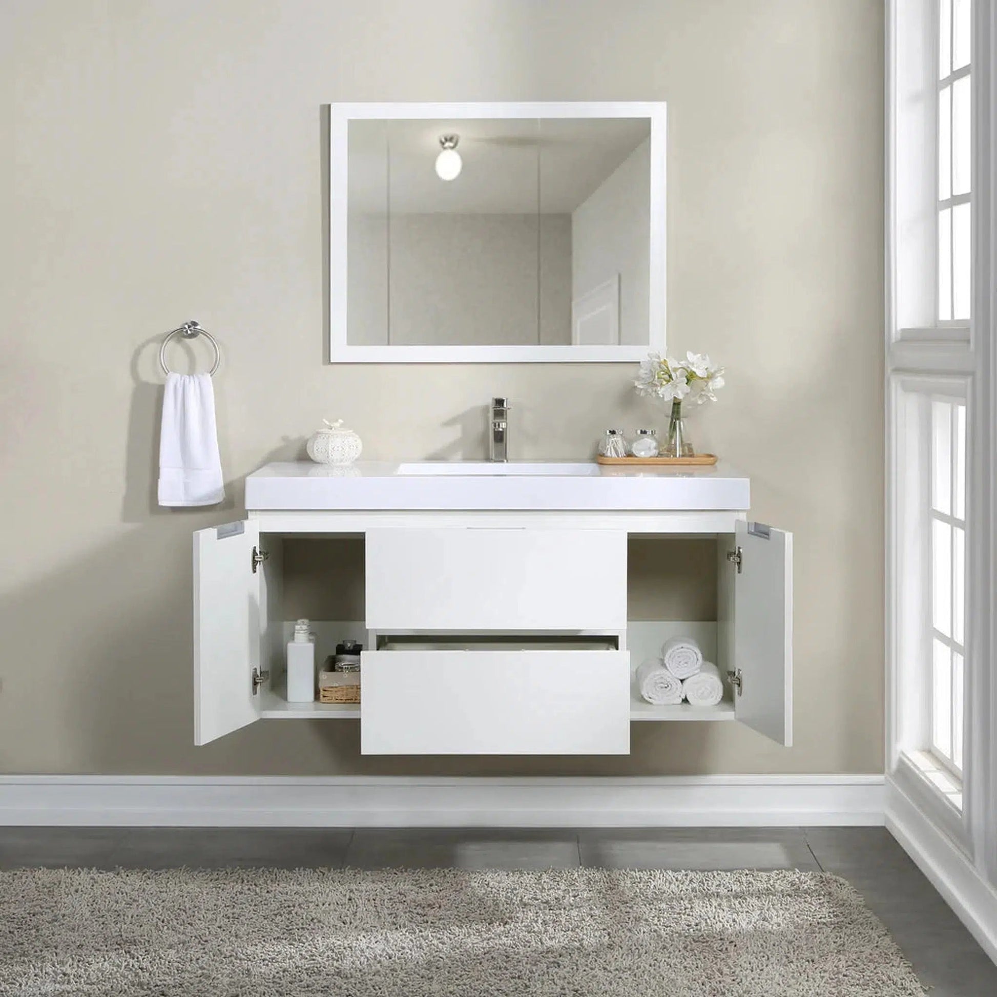 Stufurhome Helena 49" Gloss White Wall Mounted Single Sink Bathroom Vanity with 2 Drawers, 2 Doors and One Pre-drilled Faucet hole