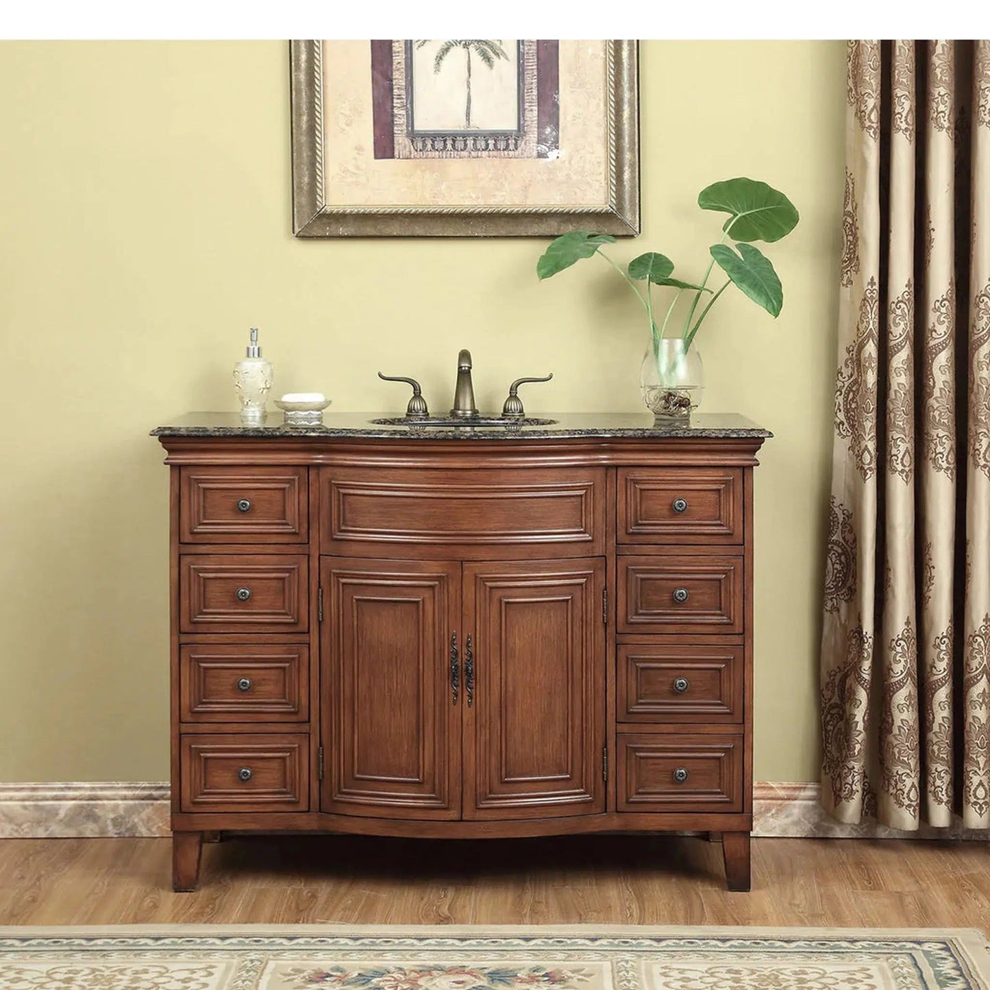 Stufurhome Lane 48" Dark Cherry 8-Drawer 2-Door Freestanding Bathroom Vanity With Oval Single Sink, Baltic Brown Granite Top and Widespread Faucet Holes