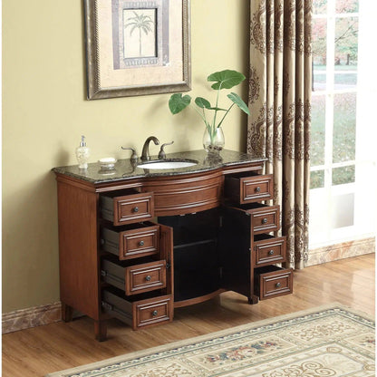 Stufurhome Lane 48" Dark Cherry 8-Drawer 2-Door Freestanding Bathroom Vanity With Oval Single Sink, Baltic Brown Granite Top and Widespread Faucet Holes