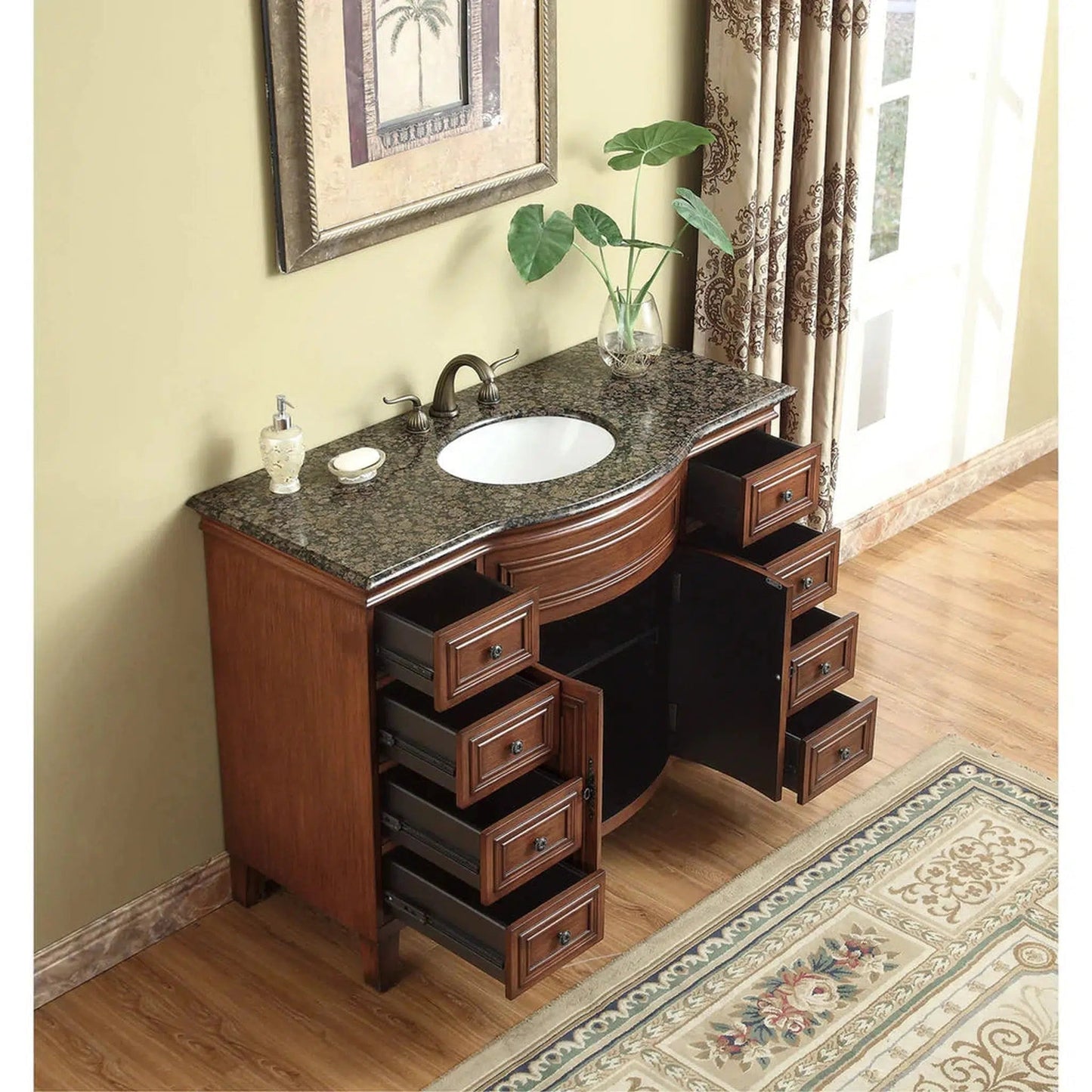 Stufurhome Lane 48" Dark Cherry 8-Drawer 2-Door Freestanding Bathroom Vanity With Oval Single Sink, Baltic Brown Granite Top and Widespread Faucet Holes