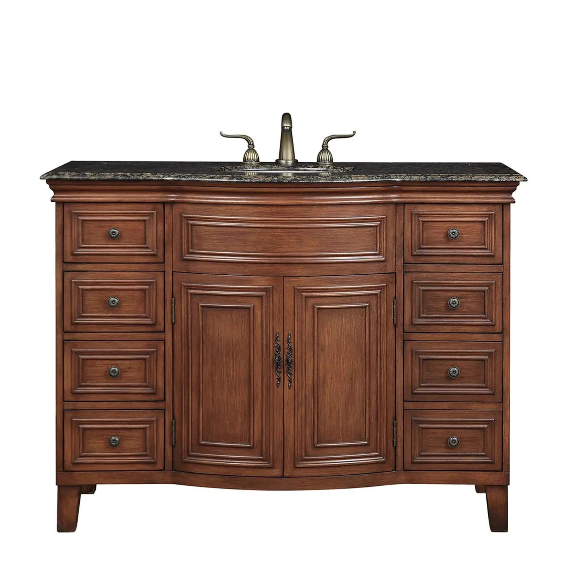 Stufurhome Lane 48" Dark Cherry 8-Drawer 2-Door Freestanding Bathroom Vanity With Oval Single Sink, Baltic Brown Granite Top and Widespread Faucet Holes