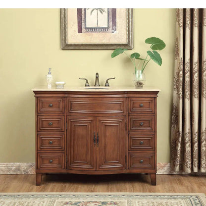 Stufurhome Lane 48" Dark Cherry 8-Drawer 2-Door Freestanding Bathroom Vanity With Oval Single Sink, Travertine Marble Top and Widespread Faucet Holes