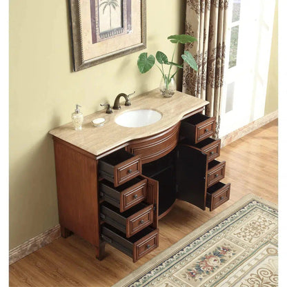 Stufurhome Lane 48" Dark Cherry 8-Drawer 2-Door Freestanding Bathroom Vanity With Oval Single Sink, Travertine Marble Top and Widespread Faucet Holes