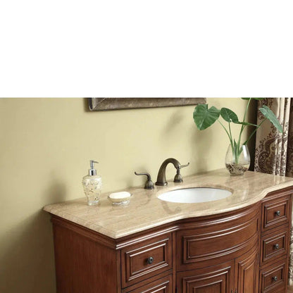 Stufurhome Lane 48" Dark Cherry 8-Drawer 2-Door Freestanding Bathroom Vanity With Oval Single Sink, Travertine Marble Top and Widespread Faucet Holes