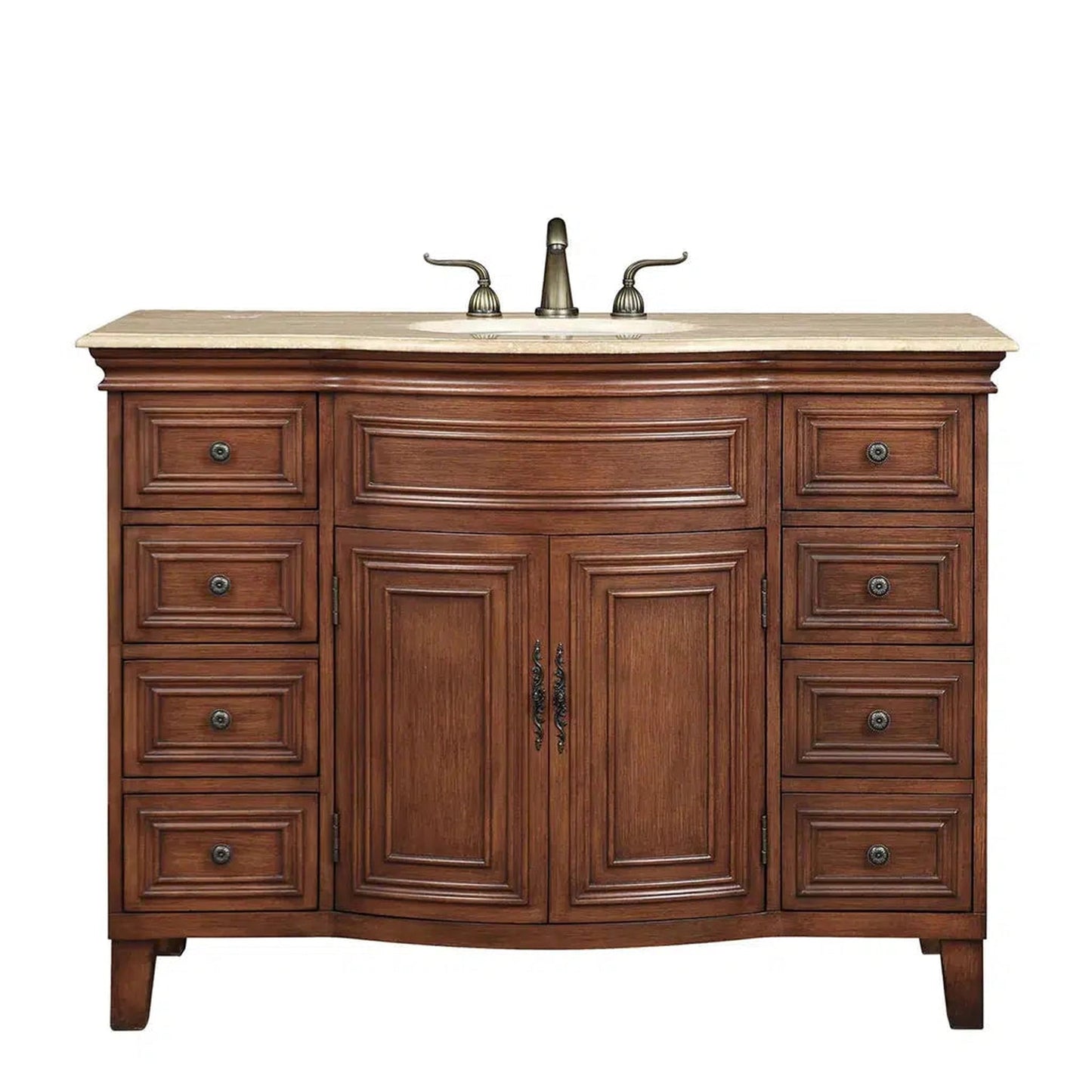 Stufurhome Lane 48" Dark Cherry 8-Drawer 2-Door Freestanding Bathroom Vanity With Oval Single Sink, Travertine Marble Top and Widespread Faucet Holes