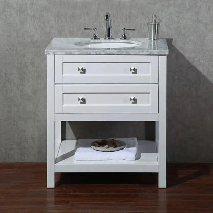 Stufurhome Marla 30" White Freestanding Bathroom Vanity With Oval Single Sink, Carrara White Marble Top, 2 Functional Drawers and Widespread Faucet Holes