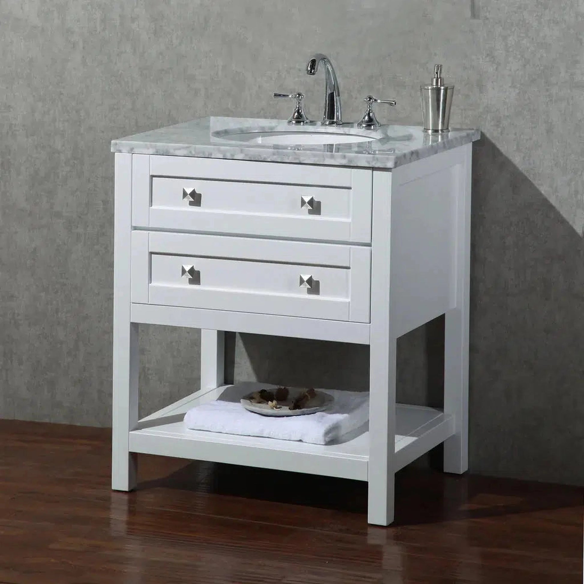 Stufurhome Marla 30" White Freestanding Bathroom Vanity With Oval Single Sink, Carrara White Marble Top, 2 Functional Drawers and Widespread Faucet Holes