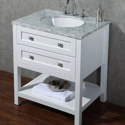 Stufurhome Marla 30" White Freestanding Bathroom Vanity With Oval Single Sink, Carrara White Marble Top, 2 Functional Drawers and Widespread Faucet Holes