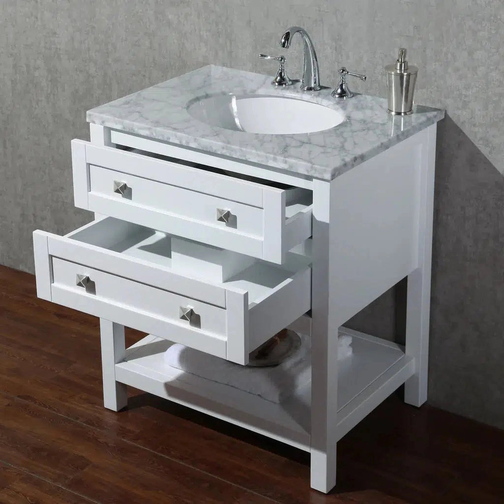 Stufurhome Marla 30" White Freestanding Bathroom Vanity With Oval Single Sink, Carrara White Marble Top, 2 Functional Drawers and Widespread Faucet Holes