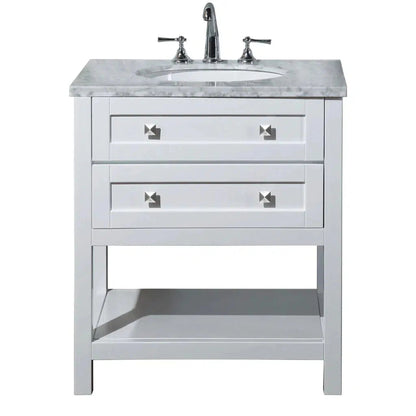 Stufurhome Marla 30" White Freestanding Bathroom Vanity With Oval Single Sink, Carrara White Marble Top, 2 Functional Drawers and Widespread Faucet Holes