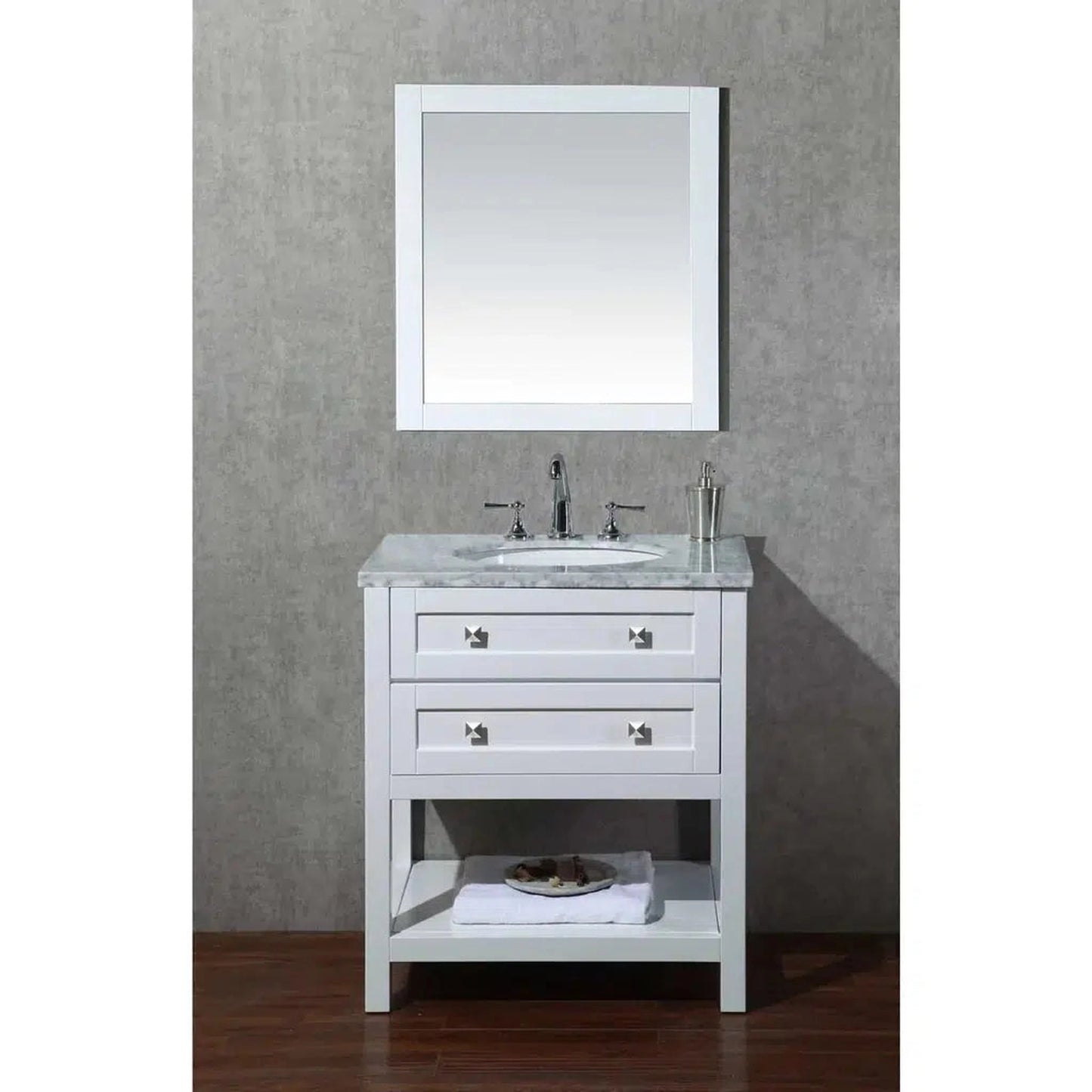 Stufurhome Marla 30" White Freestanding Bathroom Vanity with Oval Single Undermount porcelain basin, Carrara White Marble Top, Wood Framed Mirror, 2 Drawer and Widespread Faucet Holes