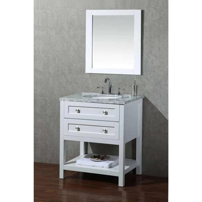 Stufurhome Marla 30" White Freestanding Bathroom Vanity with Oval Single Undermount porcelain basin, Carrara White Marble Top, Wood Framed Mirror, 2 Drawer and Widespread Faucet Holes