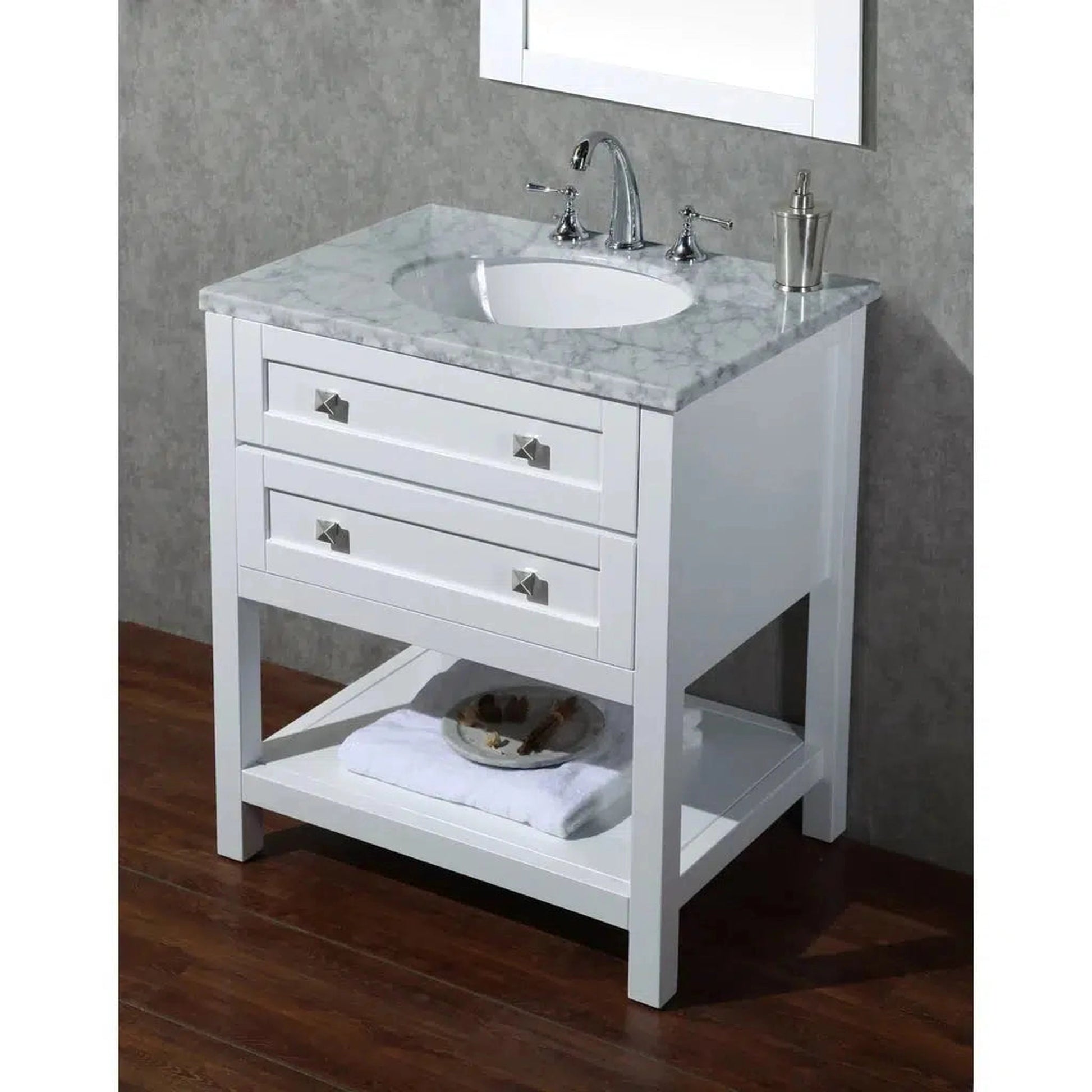 Stufurhome Marla 30" White Freestanding Bathroom Vanity with Oval Single Undermount porcelain basin, Carrara White Marble Top, Wood Framed Mirror, 2 Drawer and Widespread Faucet Holes
