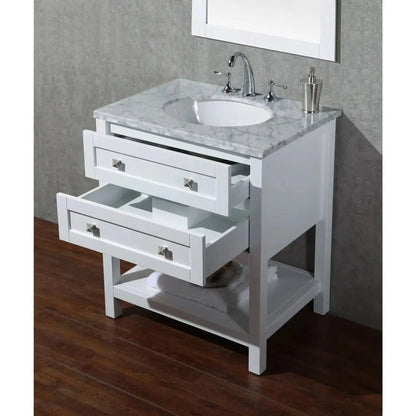 Stufurhome Marla 30" White Freestanding Bathroom Vanity with Oval Single Undermount porcelain basin, Carrara White Marble Top, Wood Framed Mirror, 2 Drawer and Widespread Faucet Holes